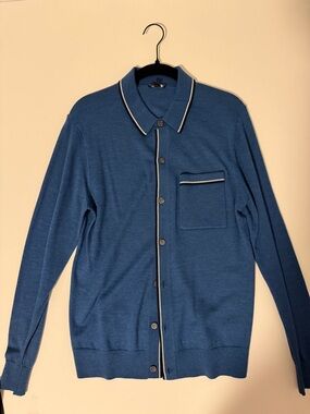 Todd Snyder Blue Pointelle Knit Cardigan with White Trim